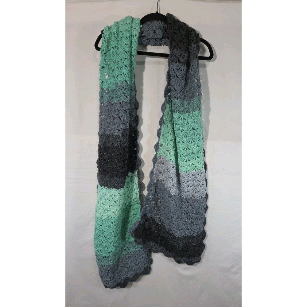 Handmade Crochet Colorblock Scarf Womens Mint Green Grey Shell Stitch Boho 90"